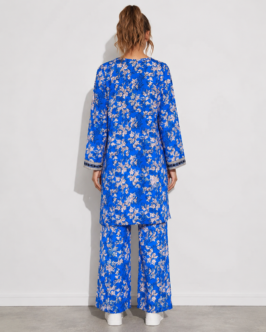 Blue Floral Embroidered 2 Piece Outfit