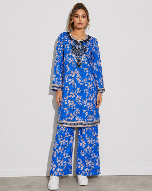 Blue Floral Embroidered 2 Piece Outfit