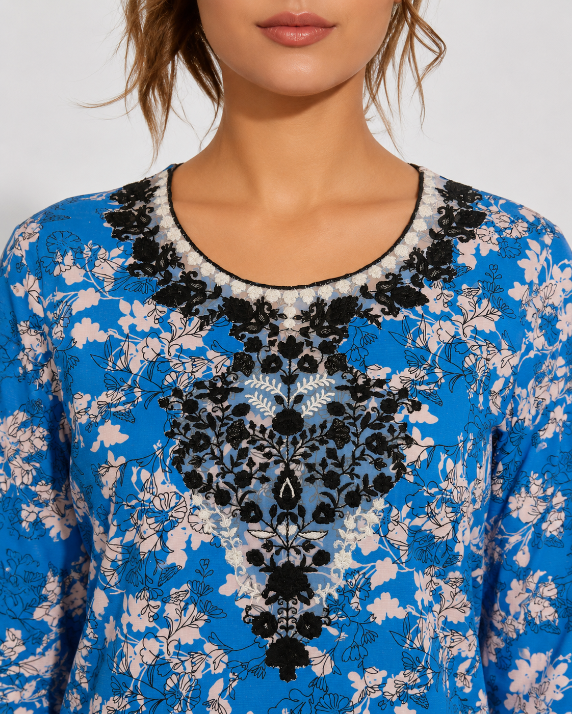 Blue Floral Embroidered 2 Piece Outfit