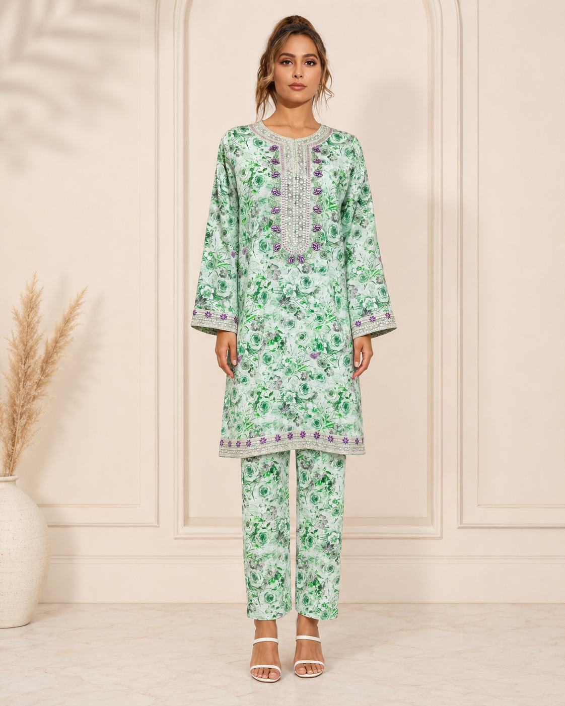 Mint Bloom Embellished 2-Piece Kameez Trouser Set