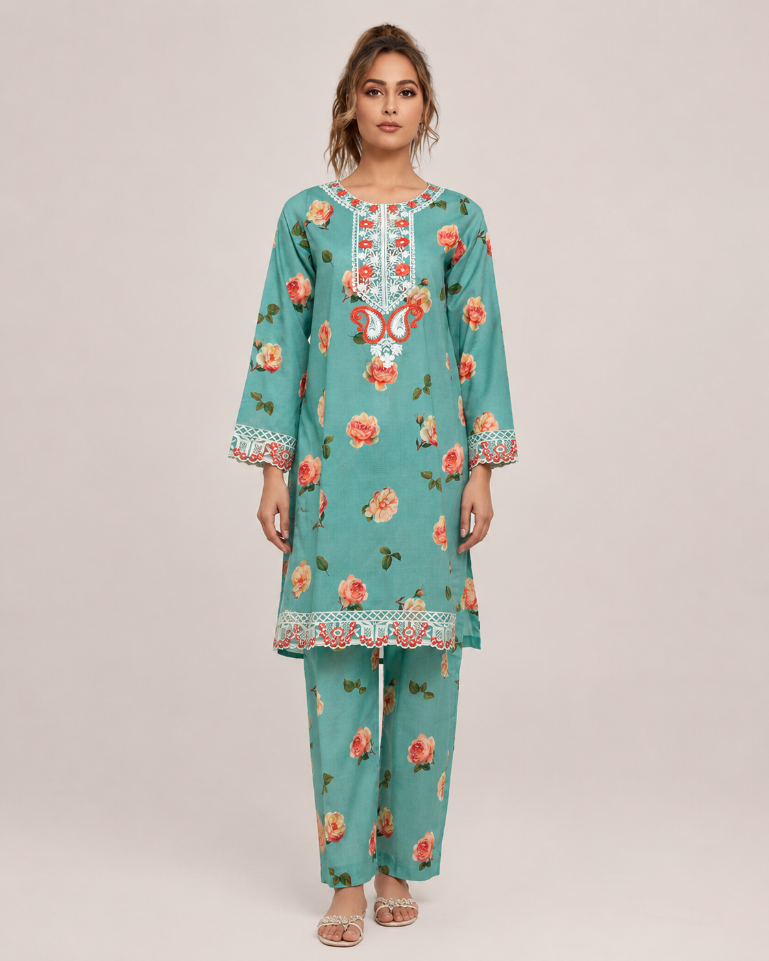 Aqua Blue Floral Embroidered Kameez & Trouser Set