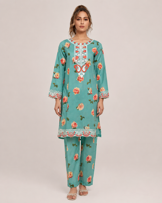 Aqua Blue Floral Embroidered Kameez & Trouser Set