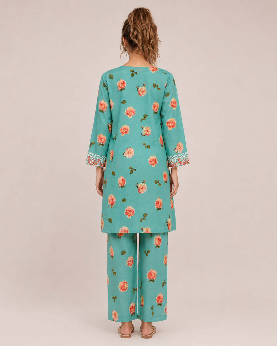 Aqua Blue Floral Embroidered Kameez & Trouser Set