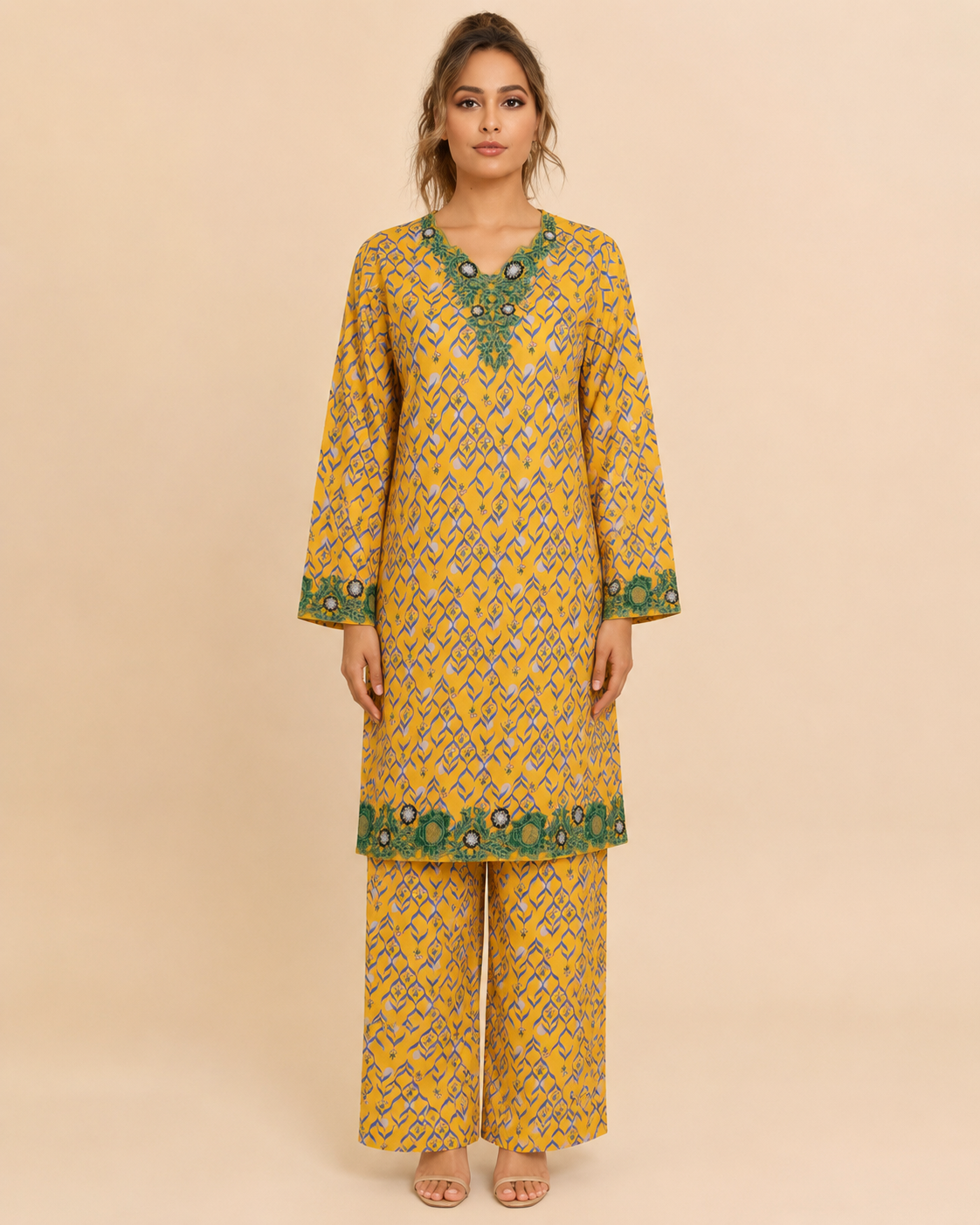 Sunlit Mustard Embroidered 2-Piece Kameez Trouser Set