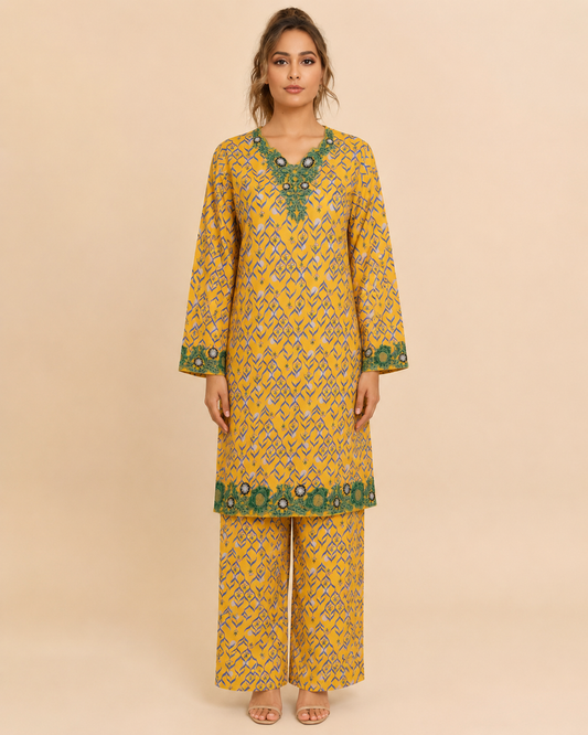 Sunlit Mustard Embroidered 2-Piece Kameez Trouser Set
