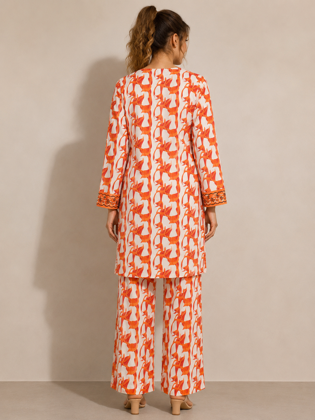 Orange Floral Printed 2-Piece Kurta Set with Embroidered Neckline