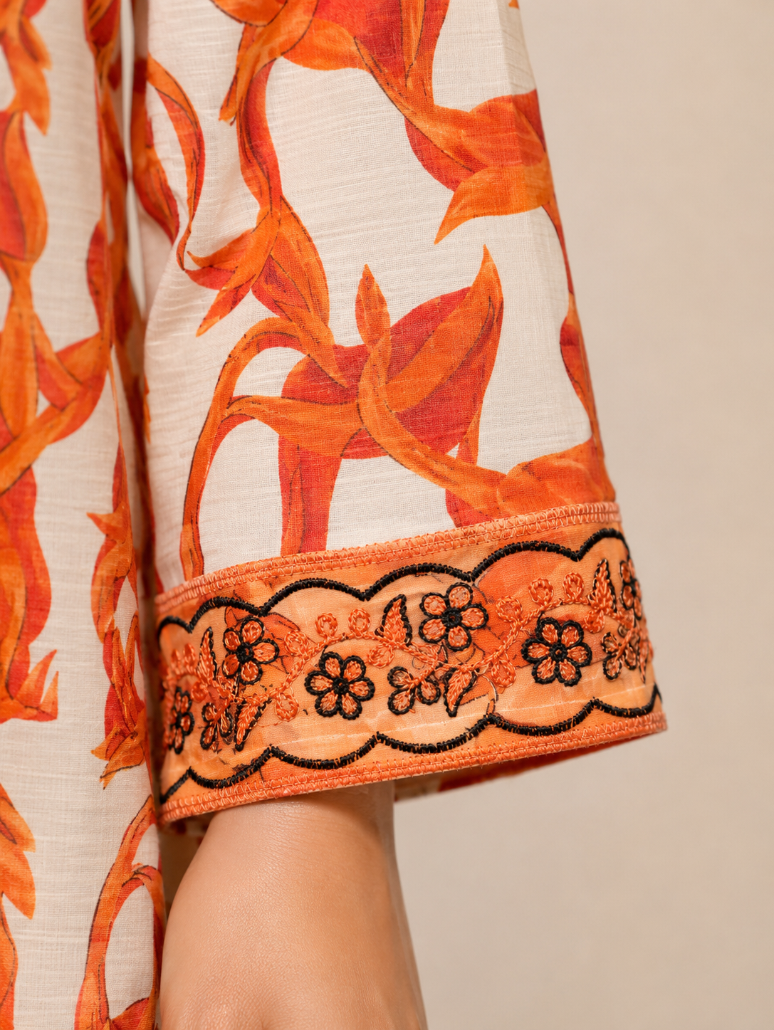 Orange Floral Printed 2-Piece Kurta Set with Embroidered Neckline