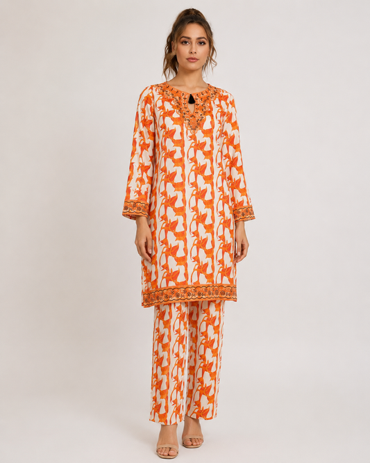 Orange Floral Printed 2-Piece Kurta Set with Embroidered Neckline