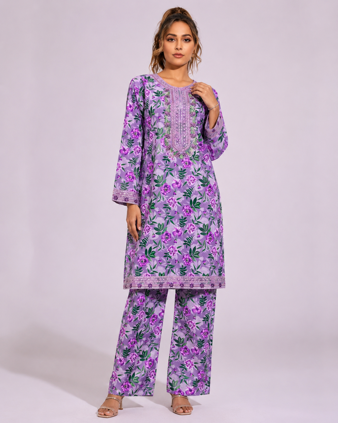 Lilac Purple Floral Embroidered Kameez & Trouser Set