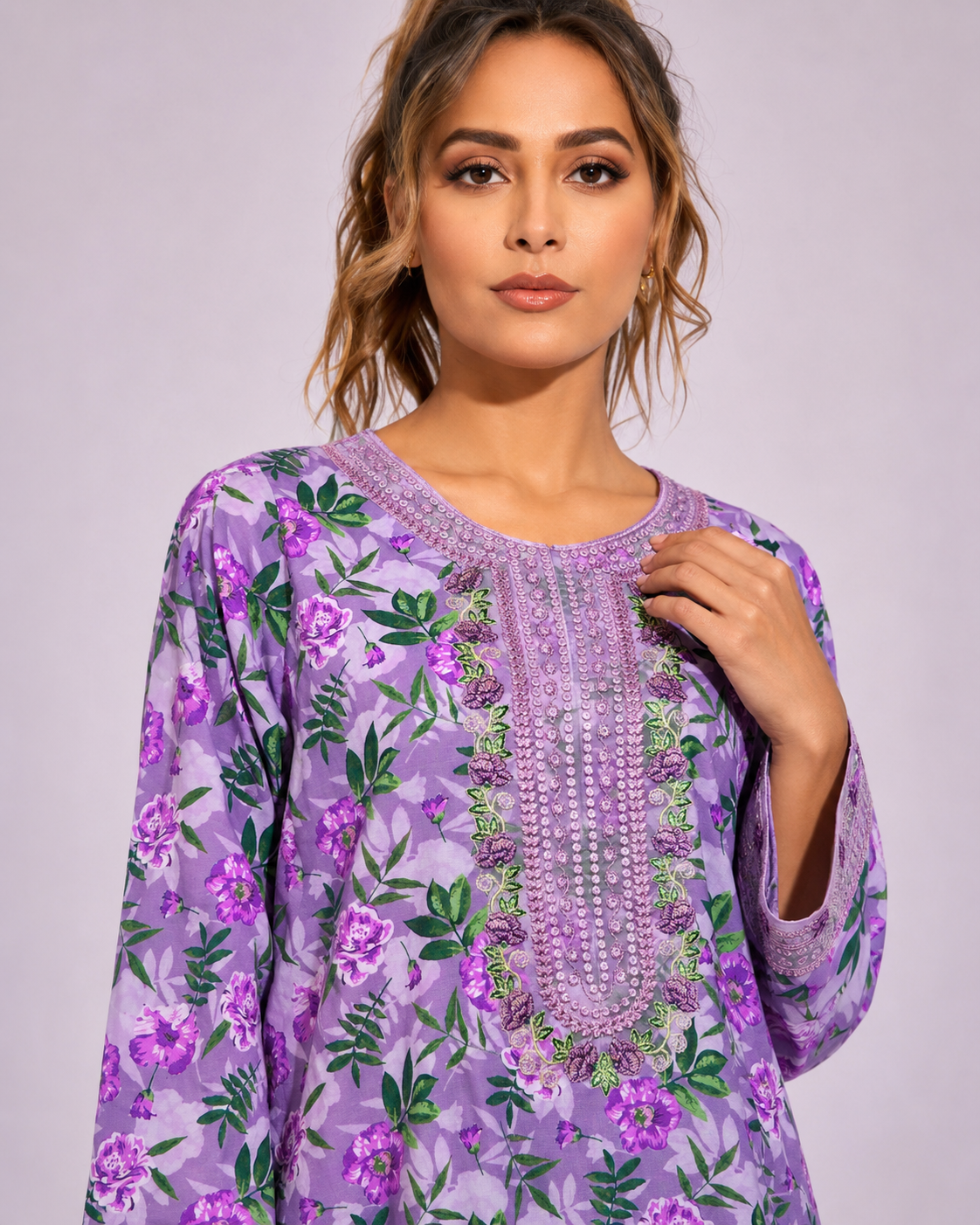 Lilac Purple Floral Embroidered Kameez & Trouser Set