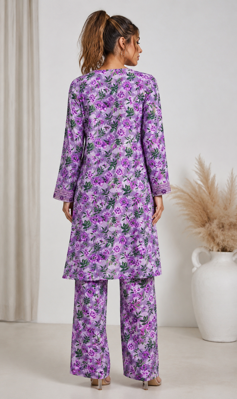 Lilac Purple Floral Embroidered Kameez & Trouser Set