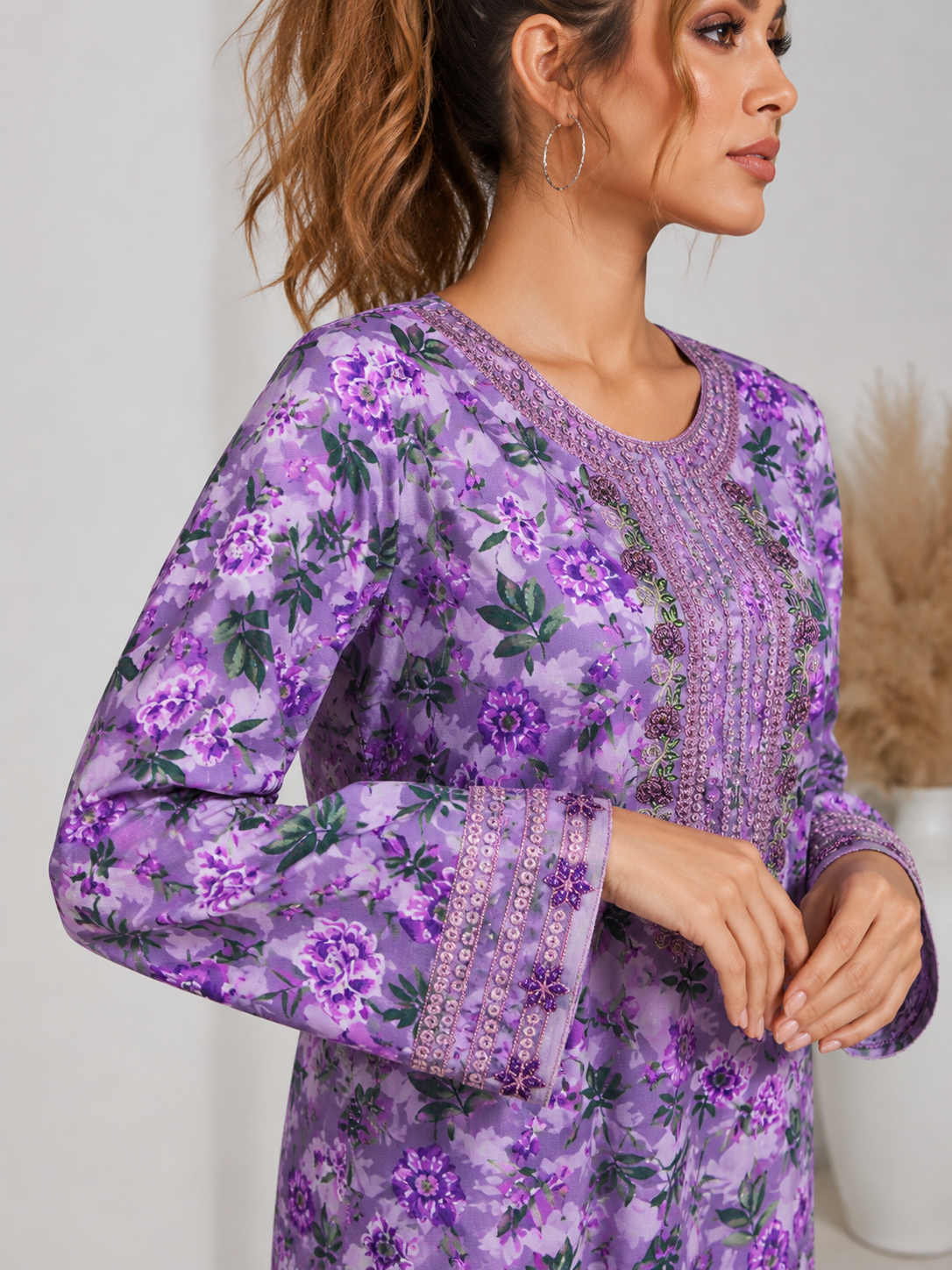 Lilac Purple Floral Embroidered Kameez & Trouser Set
