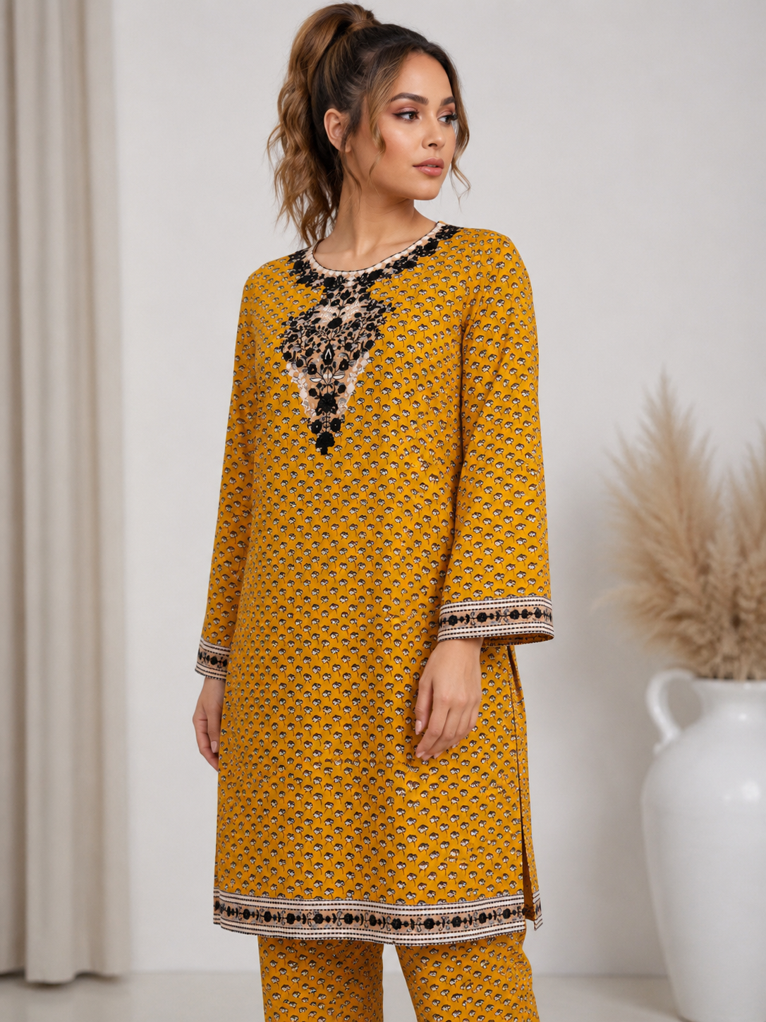 Golden Mustard Noir Embroidered 2-Piece Kameez Trouser Set