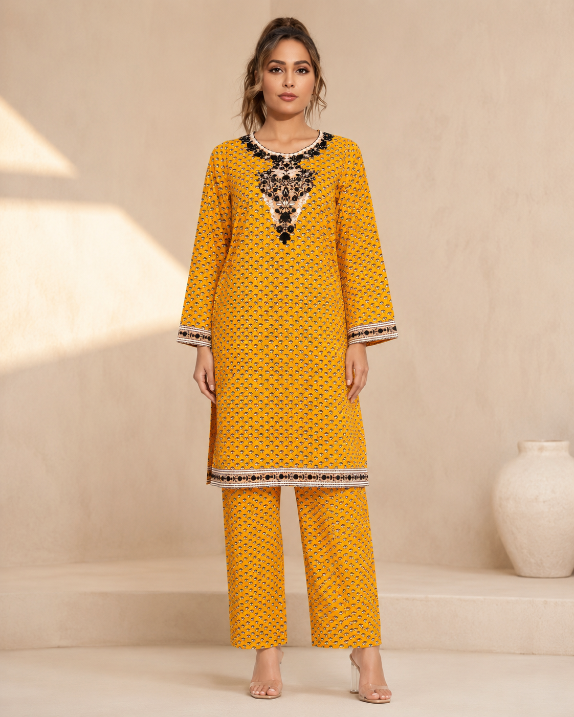 Golden Mustard Noir Embroidered 2-Piece Kameez Trouser Set