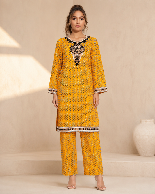Golden Mustard Noir Embroidered 2-Piece Kameez Trouser Set