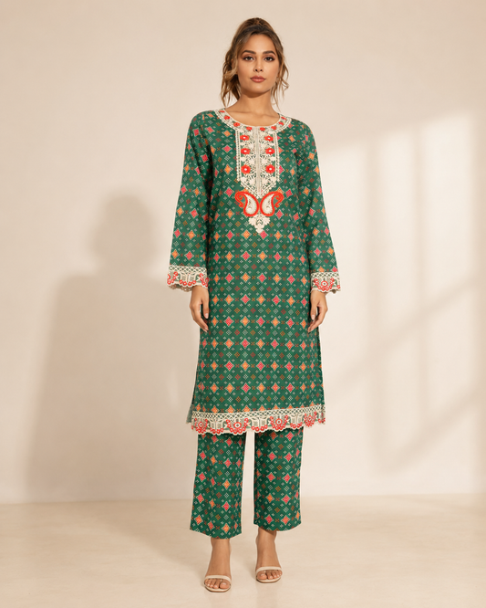 Aqua Rose Embroidered 2-Piece Kameez Trouser Set