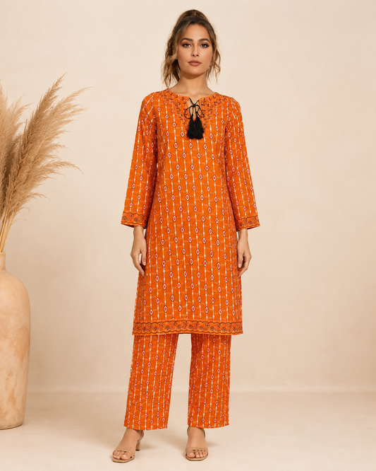Burnt Orange Tassel Detail 2-Piece Kameez Trouser Set