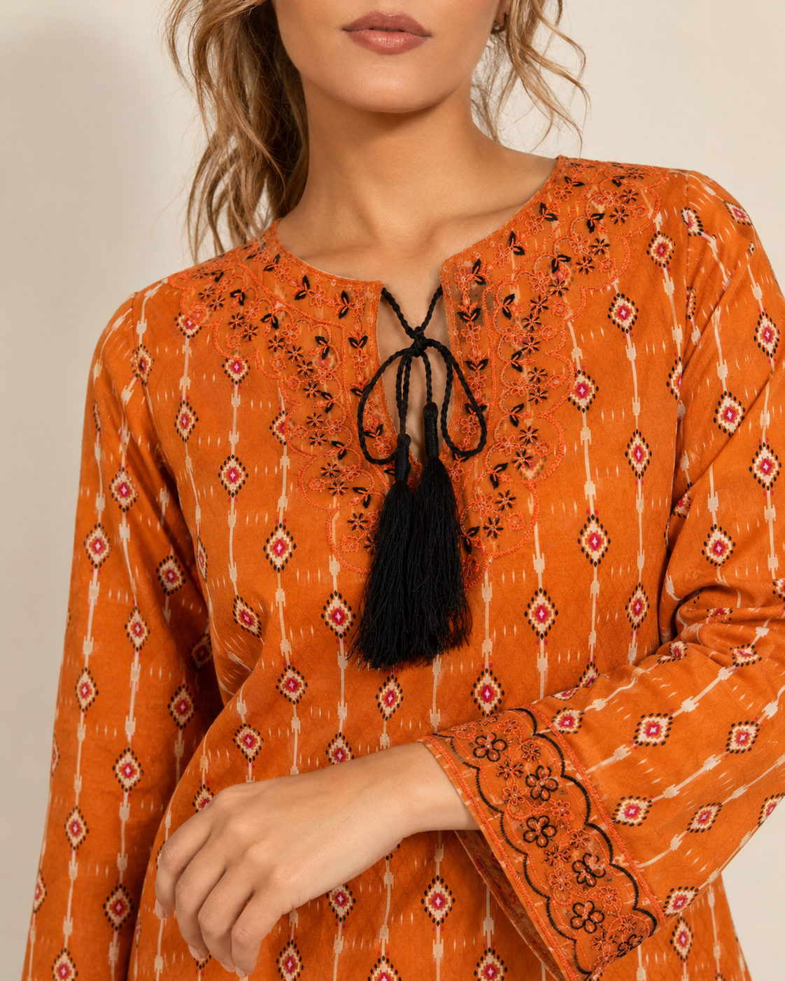 Burnt Orange Tassel Detail 2-Piece Kameez Trouser Set