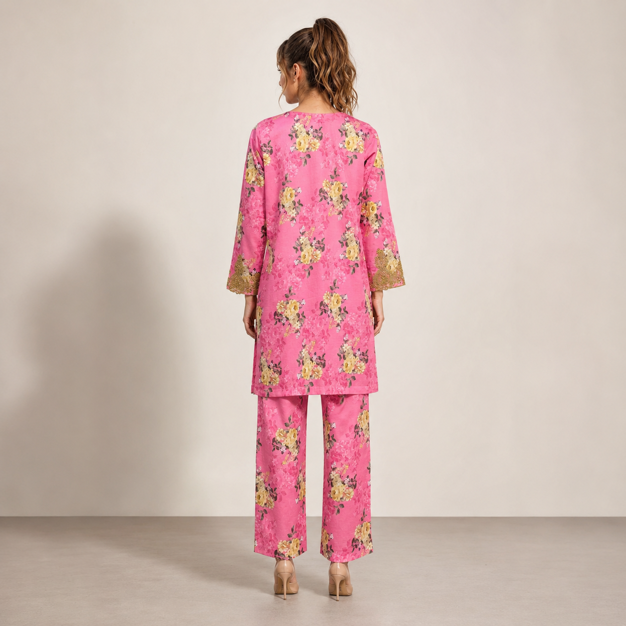 Pink Floral Printed Kameez with Matching Trouser