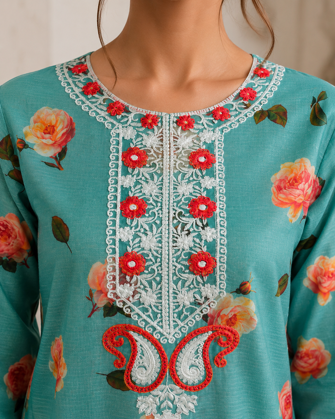 Aqua Blue Floral Embroidered Kameez & Trouser Set