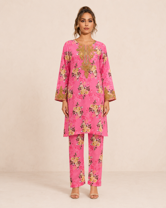 Pink Floral Printed Kameez with Matching Trouser