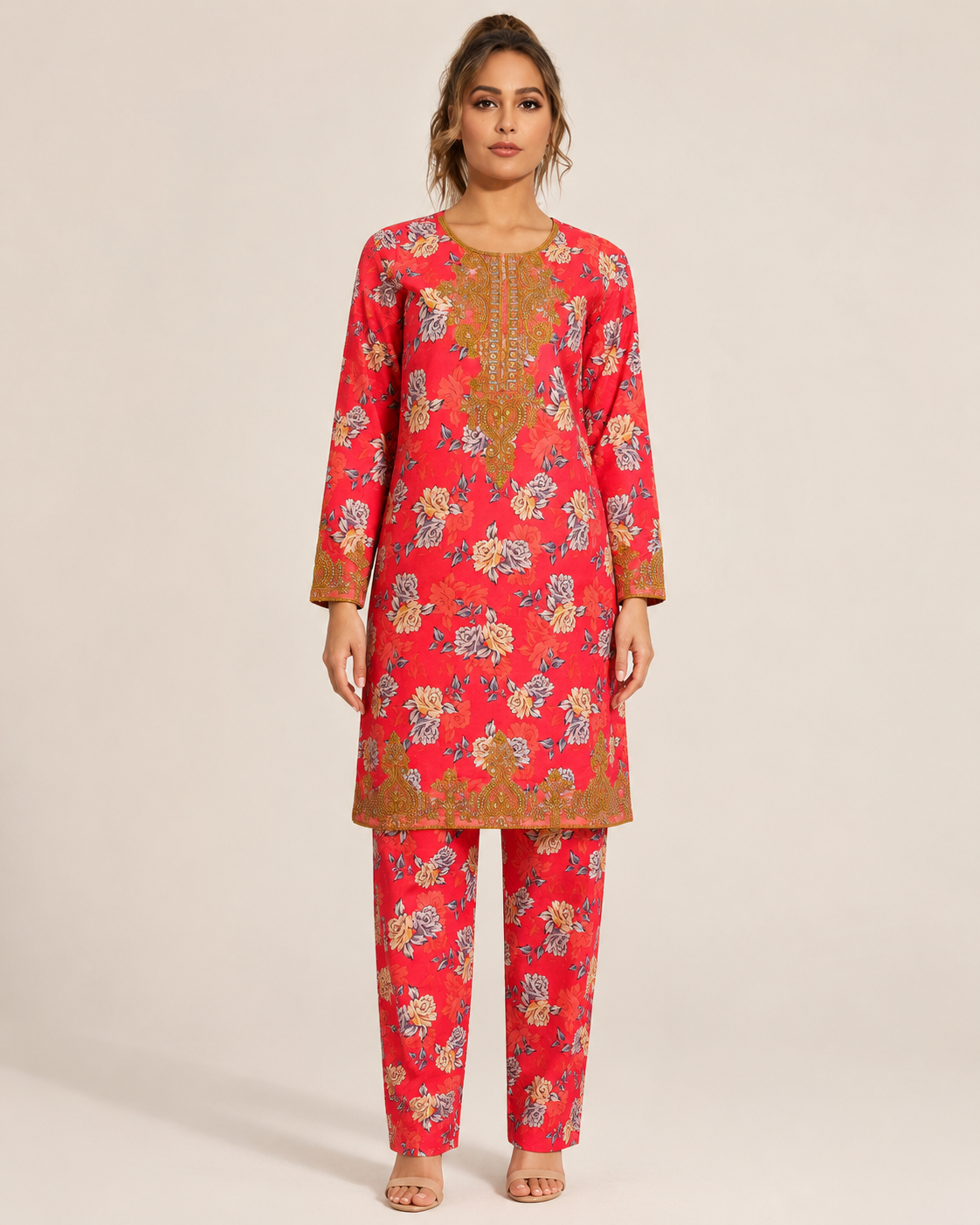 oral Rose Gold Embroidered 2-Piece Kameez Trouser Set