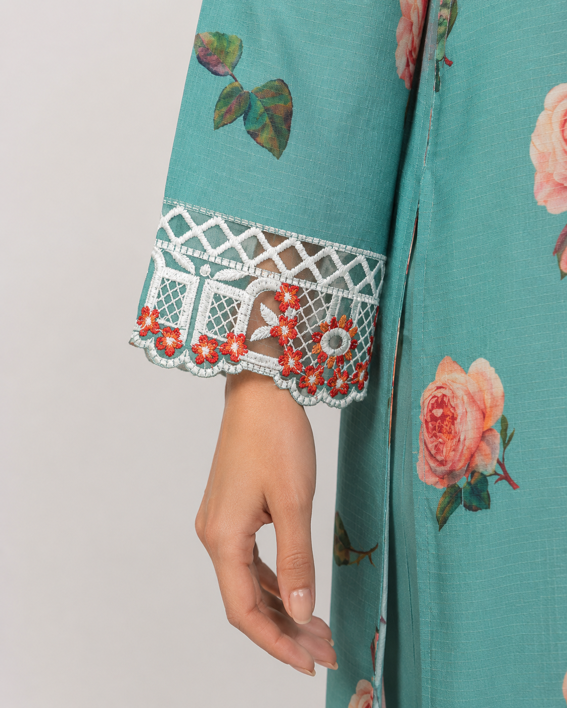 Aqua Blue Floral Embroidered Kameez & Trouser Set